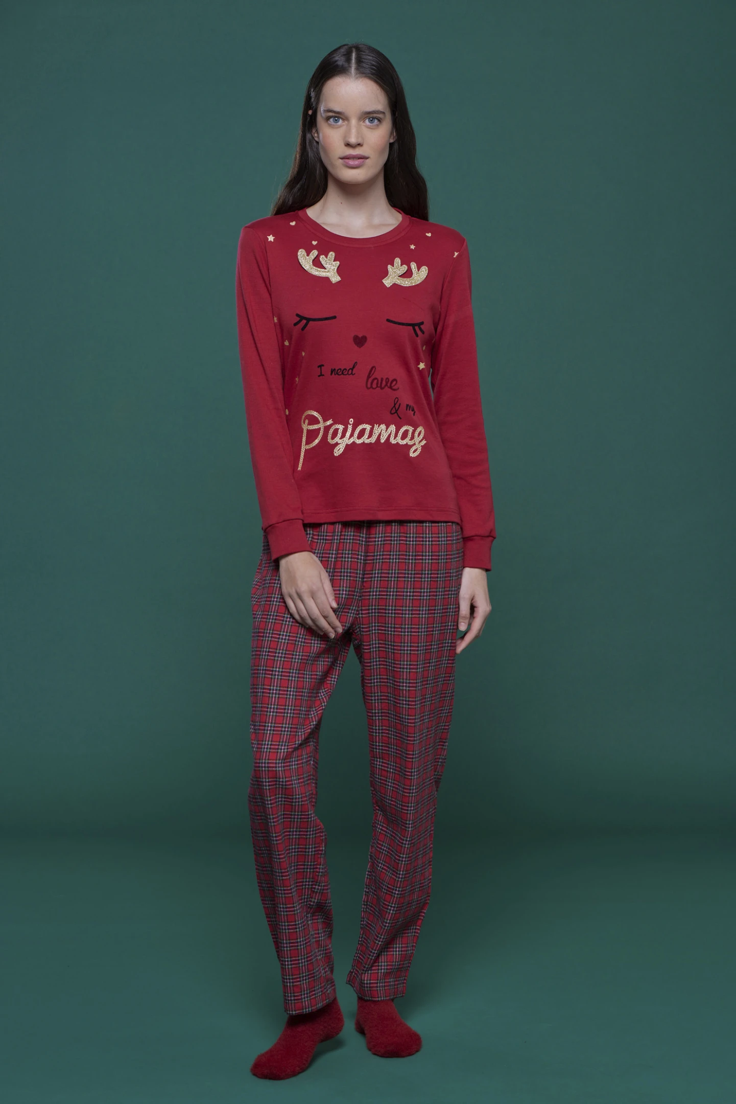 Pigiama donna top caldo cotone e pantaloni flanella renna