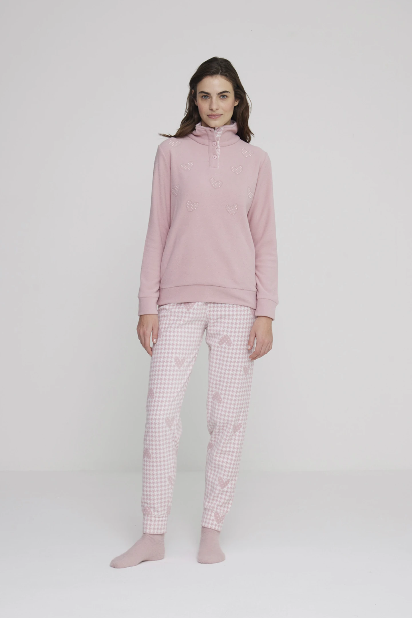 Pigiama donna heart in pile con collo tre bottoni
